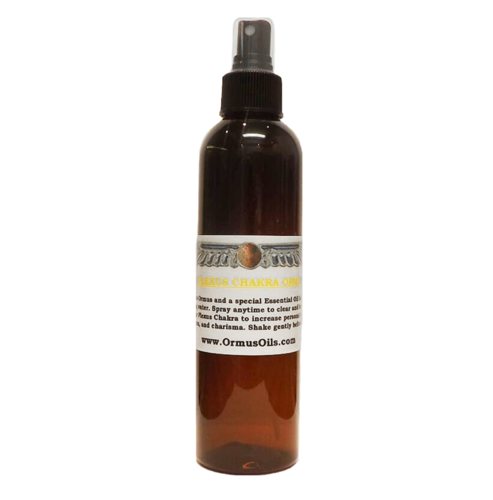 Brown spray bottle Solar Plexus Ormus Mist 120ml with a label on a white background