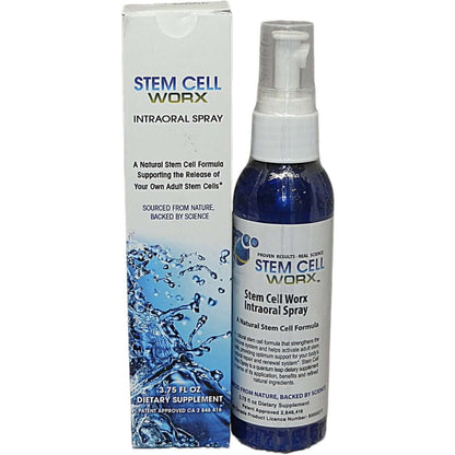 Stem Cell Worx - Colostrum Stem Cell Formula intraoral spray bottle and packaging for dietary supplement.