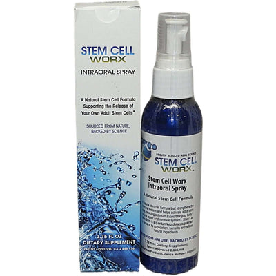 Stem Cell Worx - Colostrum Stem Cell Formula intraoral spray bottle and packaging for dietary supplement.