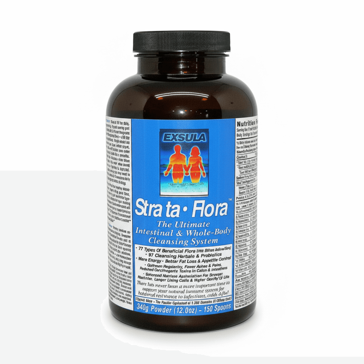 Strata-Flora superfood probiotics bottle for gut health and well-being from Exsula Superfoods.