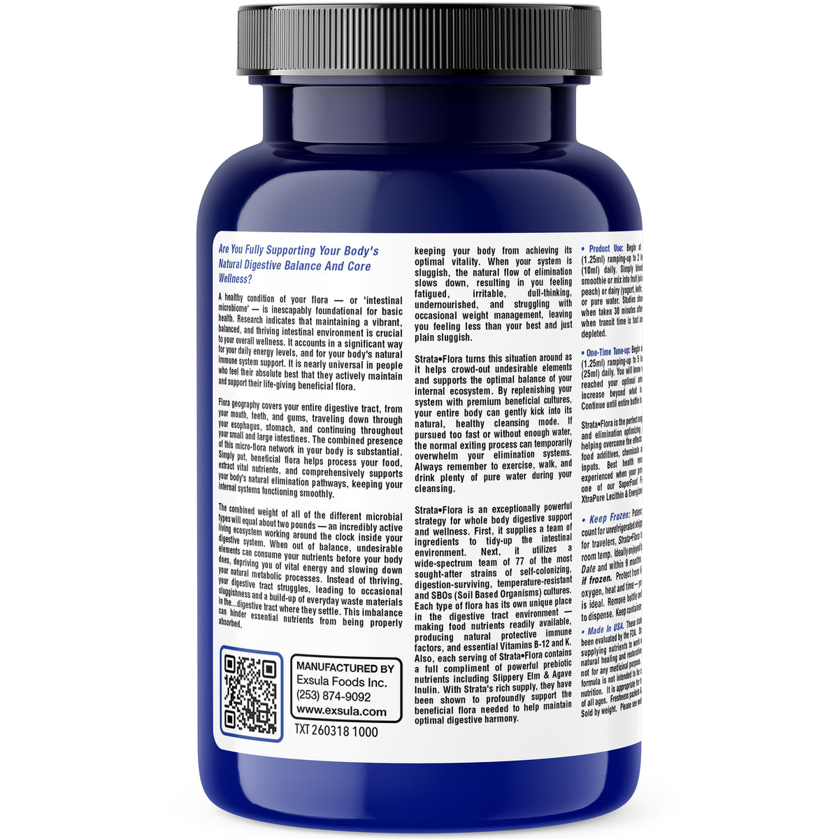 Exsula Strata-Flora Superfood Probiotics bottle showcasing nutrition facts and ingredients for gut health.