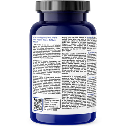 Exsula Strata-Flora Superfood Probiotics bottle showcasing nutrition facts and ingredients for gut health.