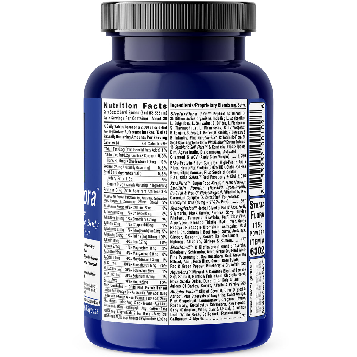 Strata-Flora Soil Based Organism Probiotics supplement label showing ingredients and nutrition facts.