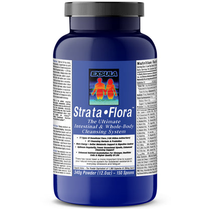 Strata-Flora Soil Based Organism Probiotics supplement bottle for gut health and wellness.