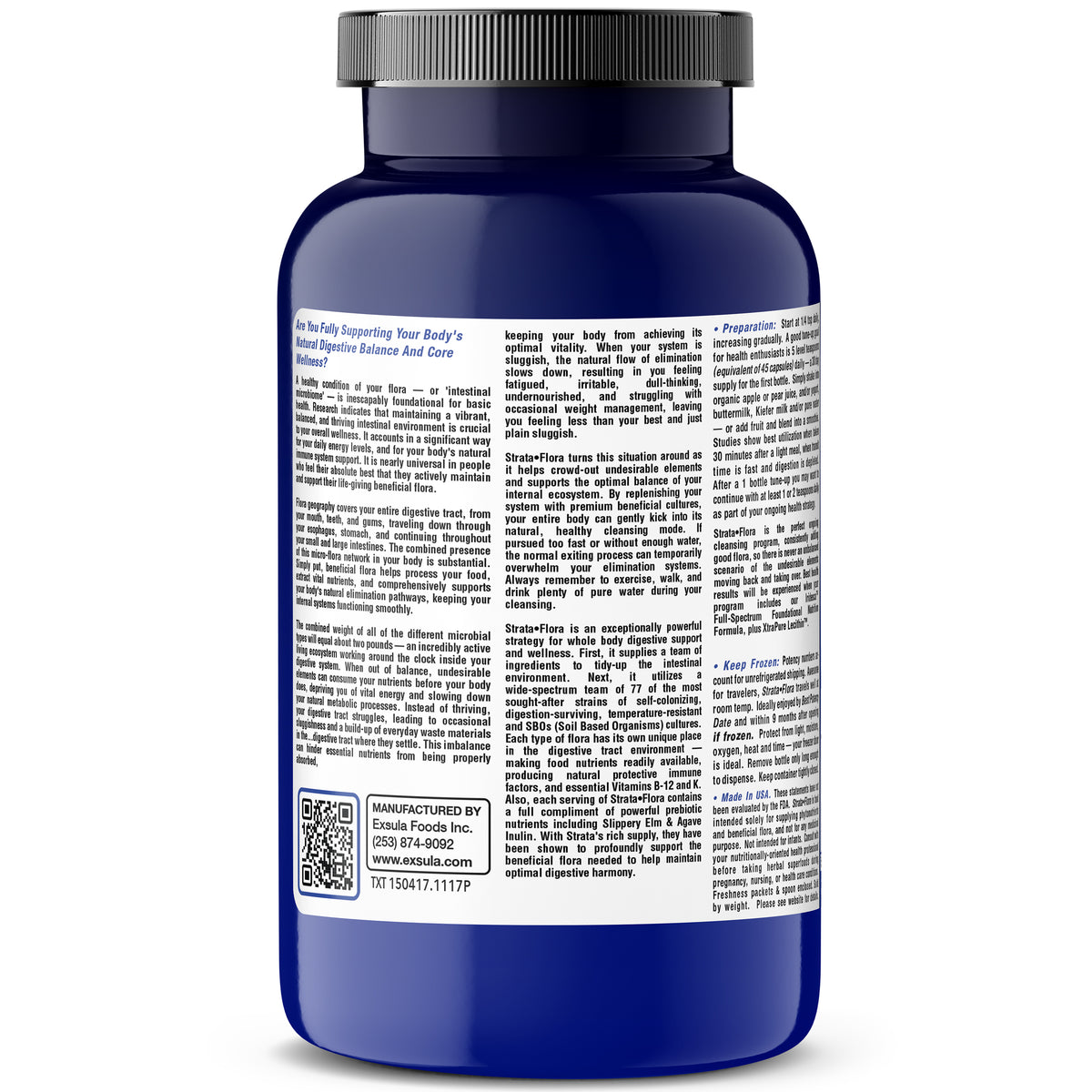 Strata-Flora Soil Based Organism Probiotics supplement bottle label showing product information and usage instructions.