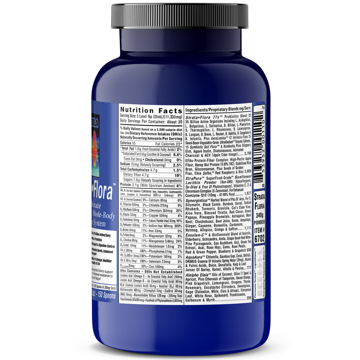 Strata-Flora Soil Based Organism Probiotics supplement bottle with nutritional facts and ingredient list.