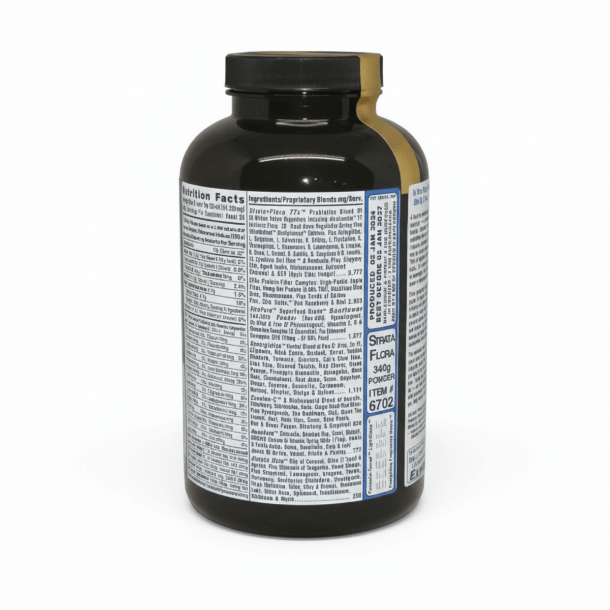 Strata-Flora Superfood Probiotics bottle showcasing nutrition facts and ingredient information.