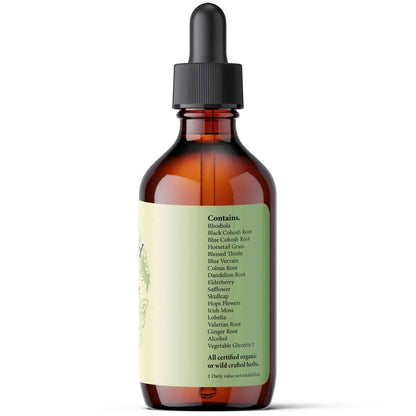 Stress-Ease liquid herbs for relaxation, showing ingredients such as Rhodiola, Dandelion, and more in an amber dropper bottle.