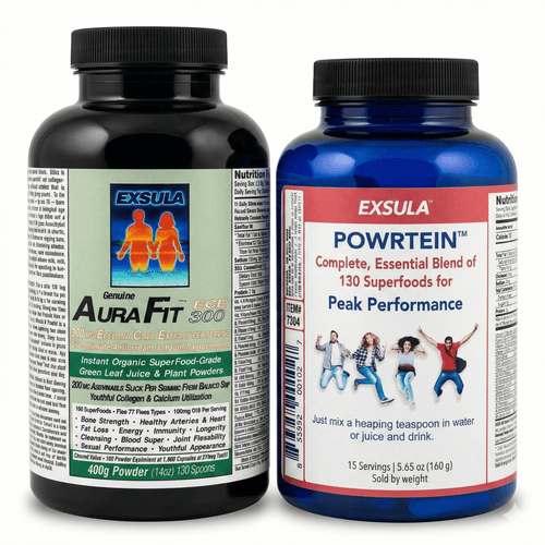 Phytonutrient Supplements Bundle featuring Exsula AuraFit and Powrtein for enhanced energy and peak performance.