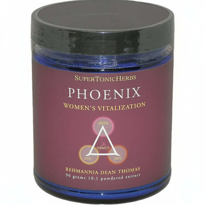 Phoenix - TCM Herbs for Menopause in a jar labeled women's vitalization by SuperTonicHerbs.