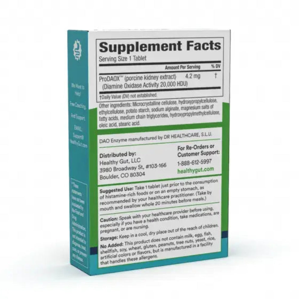 HistaHarmony - DAO Enzyme for Histamine Food Intolerance supplement facts, including serving size and ingredients.