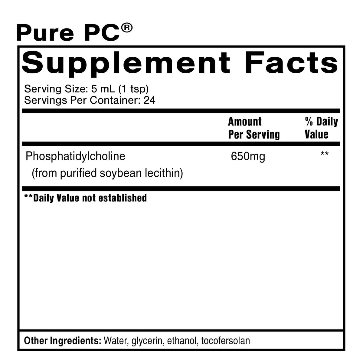 Supplement facts label for Pure PC Liposomal Phosphatidylcholine Liquid showing serving size and ingredients.