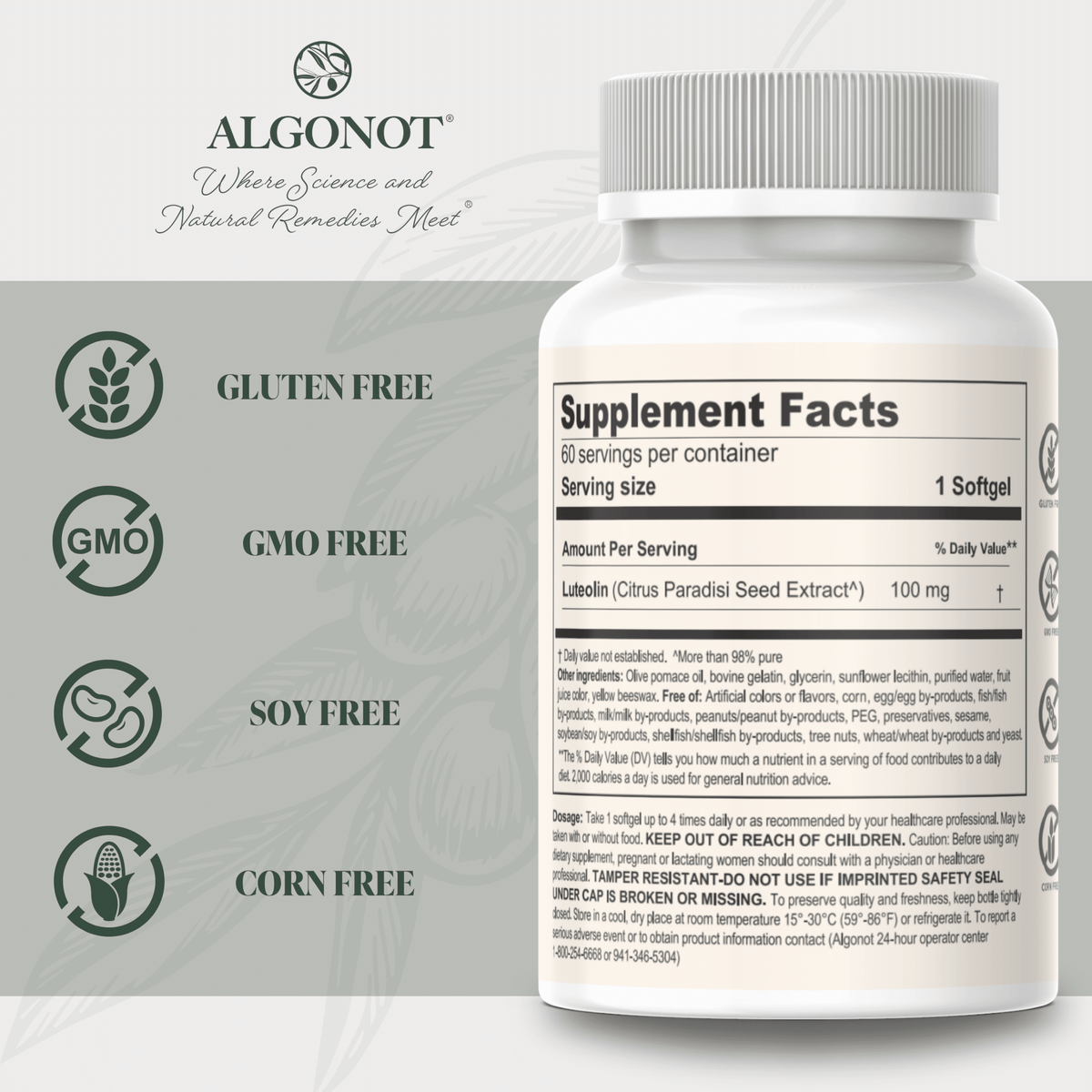 PureLut Natural Cognitive Support for Attention and Focus supplement facts showing gluten free, GMO free, soy free, and corn free.