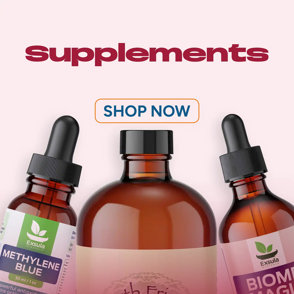 Supplements category banner and three products on a light pink background