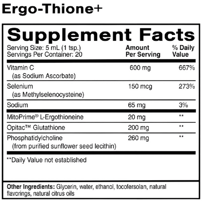 Supplement facts for Ergo-Thione+ Liposomal Longevity Supplement, detailing vitamins and ingredients.