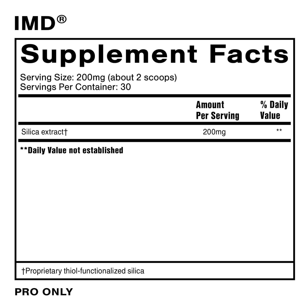 IMD Supplement Facts for Silica Powder for Safe GI Detox, including serving size and silica extract information.