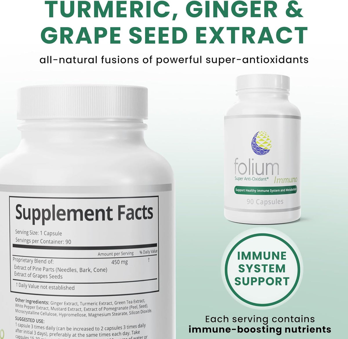 Immuno Super Antioxidant and Heavy Metal Detox supplement featuring turmeric, ginger, and grape seed extract for antioxidants.