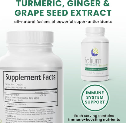Immuno Super Antioxidant and Heavy Metal Detox supplement featuring turmeric, ginger, and grape seed extract for antioxidants.