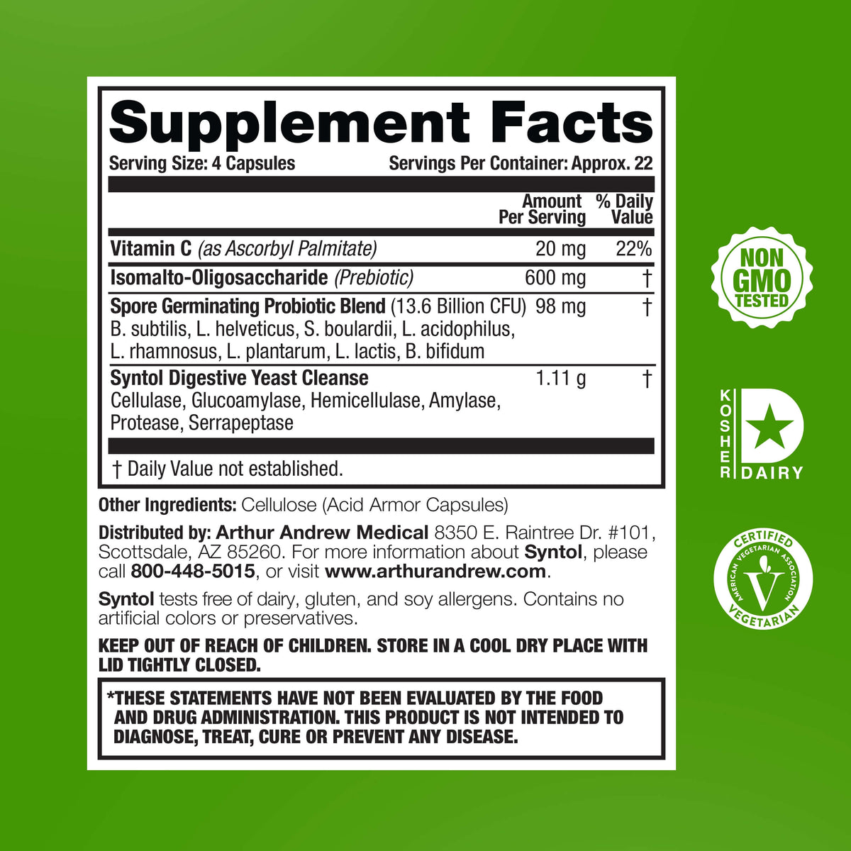Supplement Facts for Syntol, an Advanced Probiotic Prebiotic and Enzyme Blend, detailing serving size and ingredients.