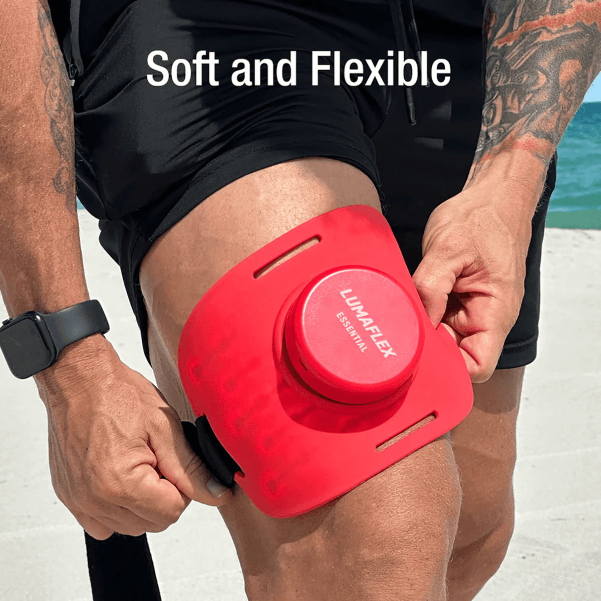 Portable Red Light Therapy and Targeted Muscle Recovery wrap applied to knee for flexibility and support.