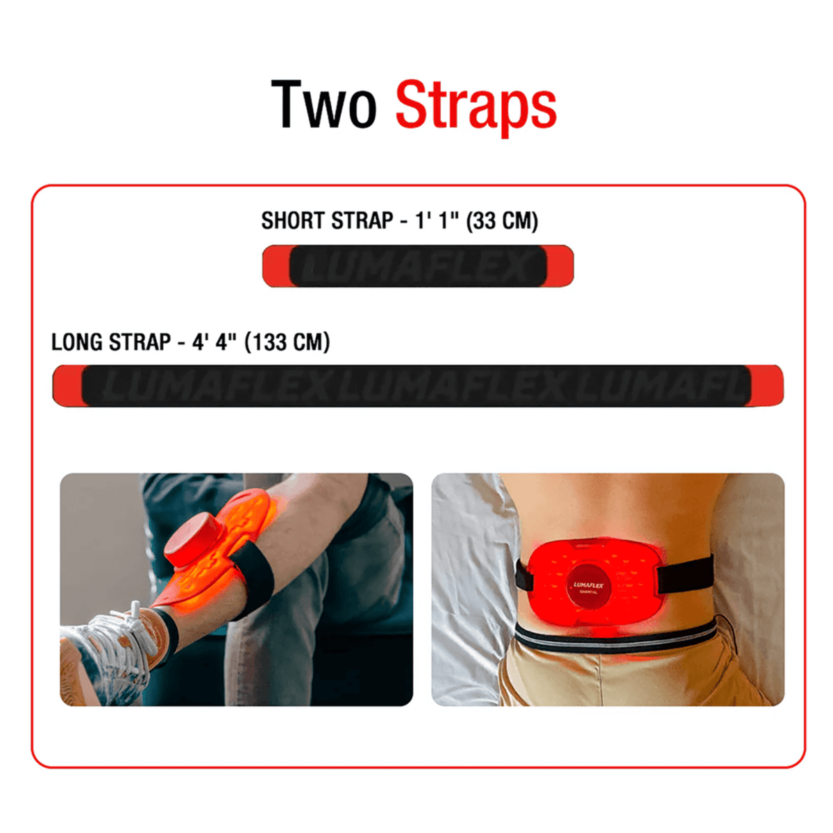 Image showing two straps for Portable Red Light Therapy and Targeted Muscle Recovery: short strap 33cm and long strap 133cm.
