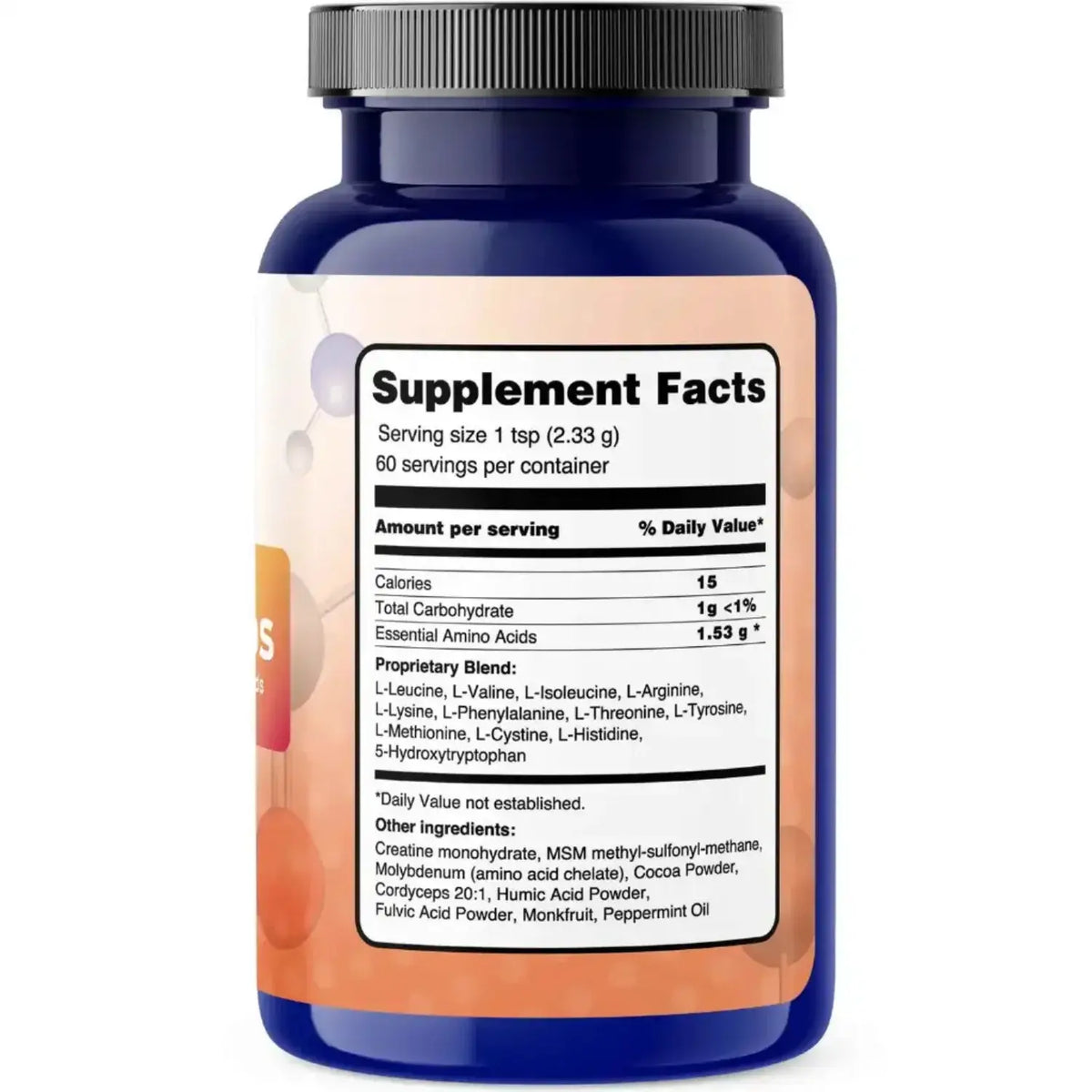 TherAminos - Free Form Amino Acid Complex supplement facts label showcasing essential amino acids and serving information.