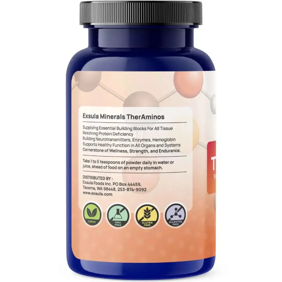 Exsula Minerals TherAminos Free Form Amino Acid Complex supplement bottle with nutritional information.