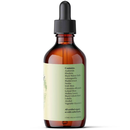 Thy-Ease liquid herbs for endocrine support ingredients list on the product label bottle.
