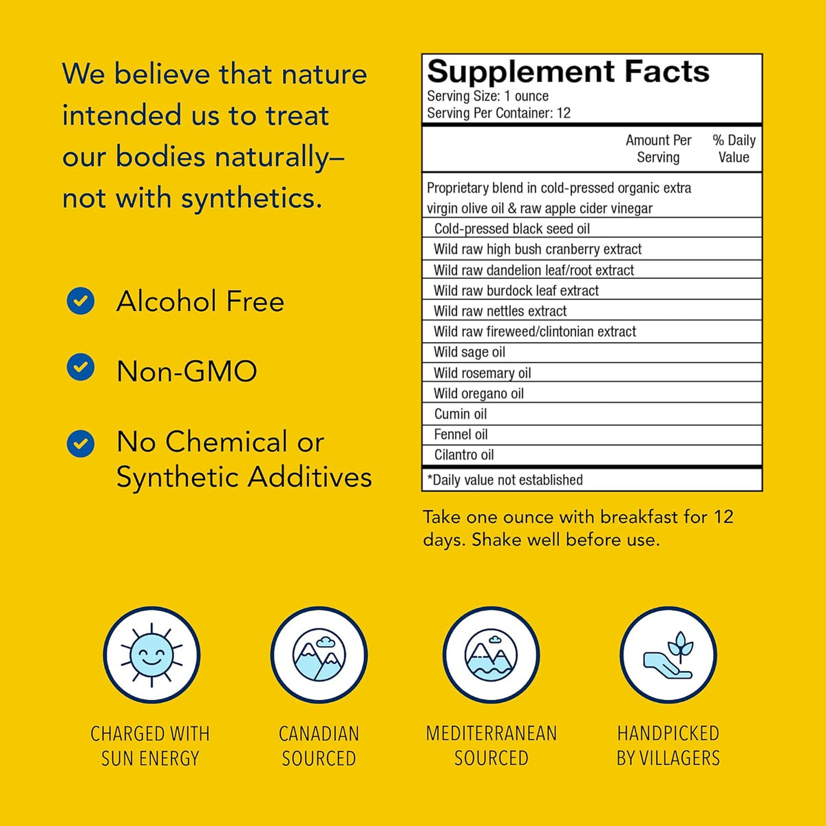 Supplement facts for Botanical Systemic Detox and Cleanse highlighting alcohol-free, non-GMO, and no synthetic additives.