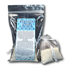 Precious Prills 3oz For Hydration and Water Alkalizing package and instructions for energized water preparation.