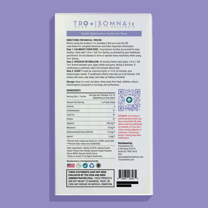Tro+ Somna Buccal Troches for Sleep Support packaging with instructions and nutrition facts.