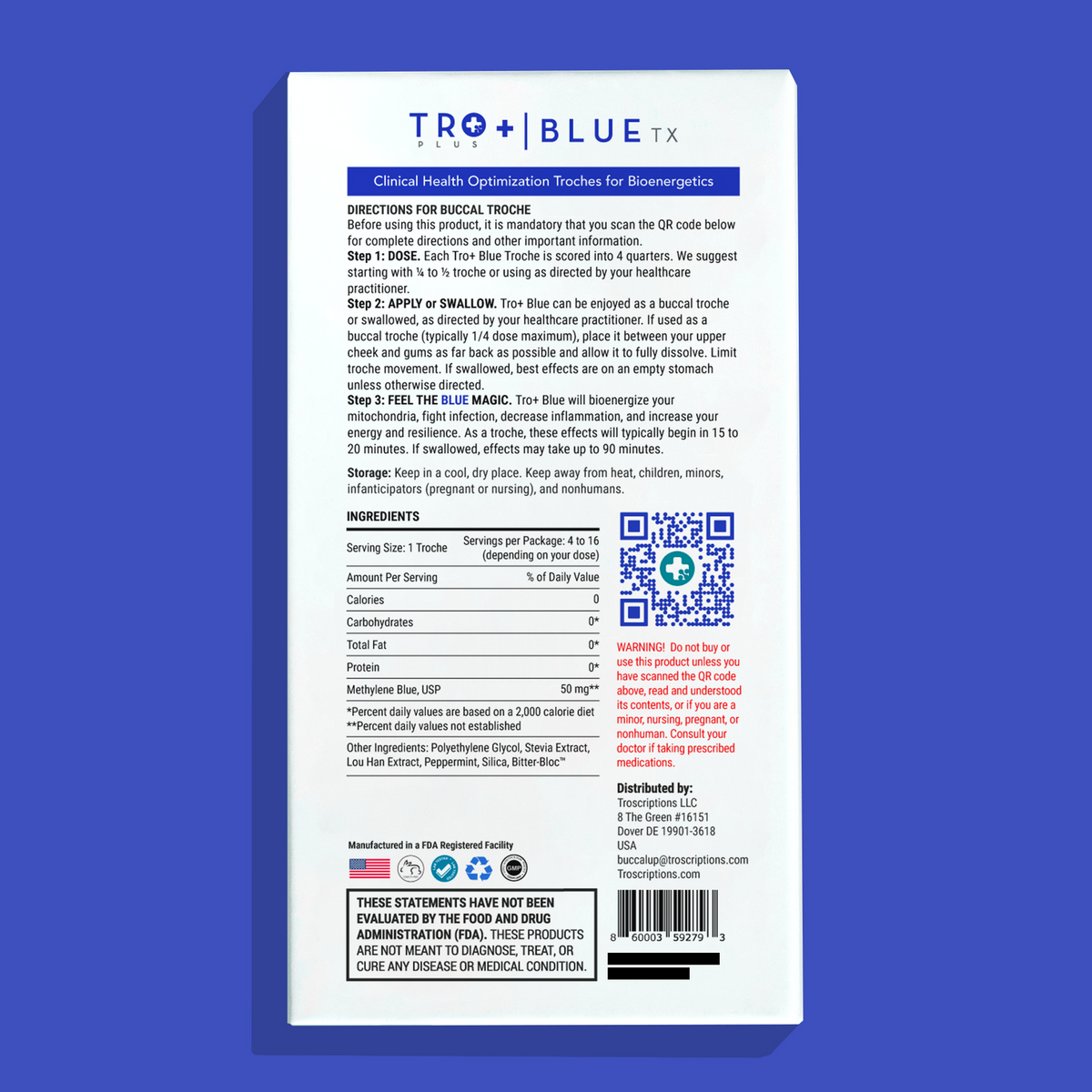 Tro+ Blue Buccal Troches for Mental Focus product packaging with usage directions and ingredients information.