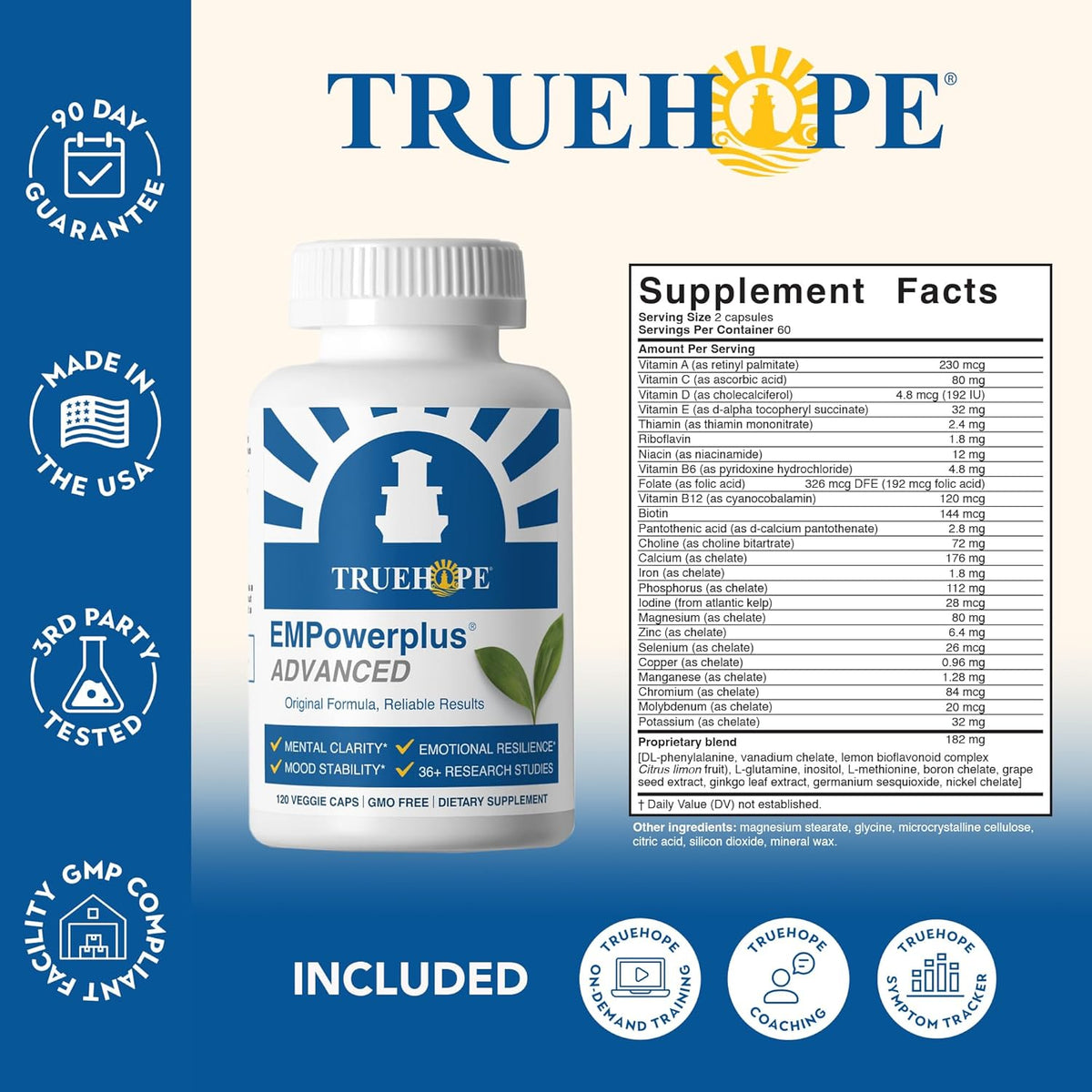 TrueHope EMPowerplus Advanced supplement bottle with label and supplement facts on a blue background