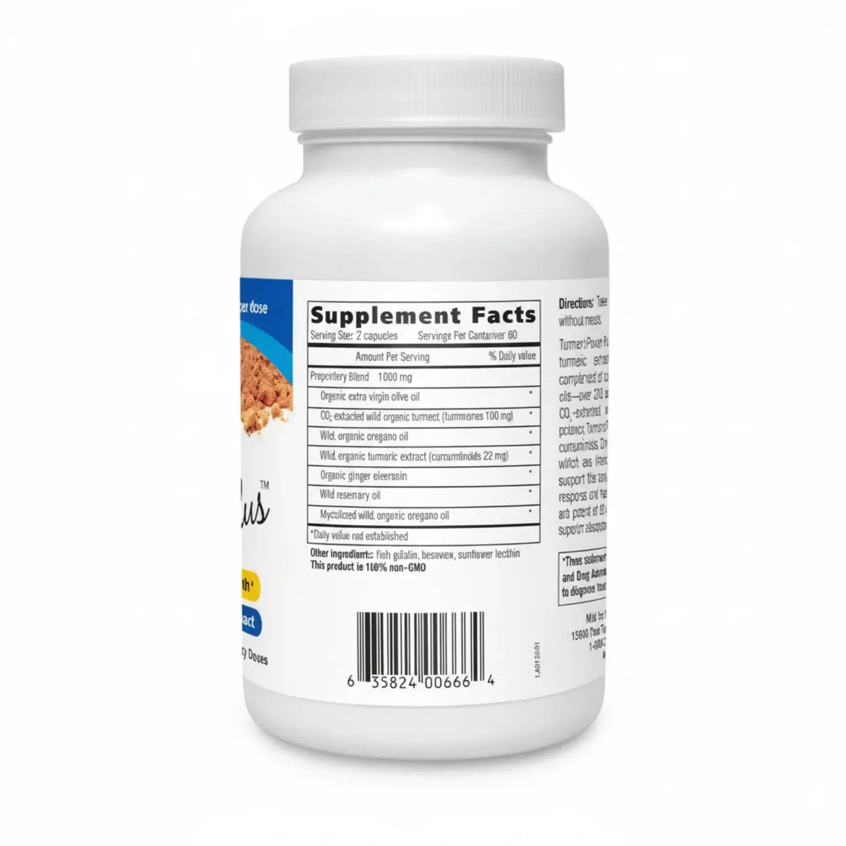 Wild Turmeric with Oreganol P73 supplement facts on bottle for North American Herb & Spice.