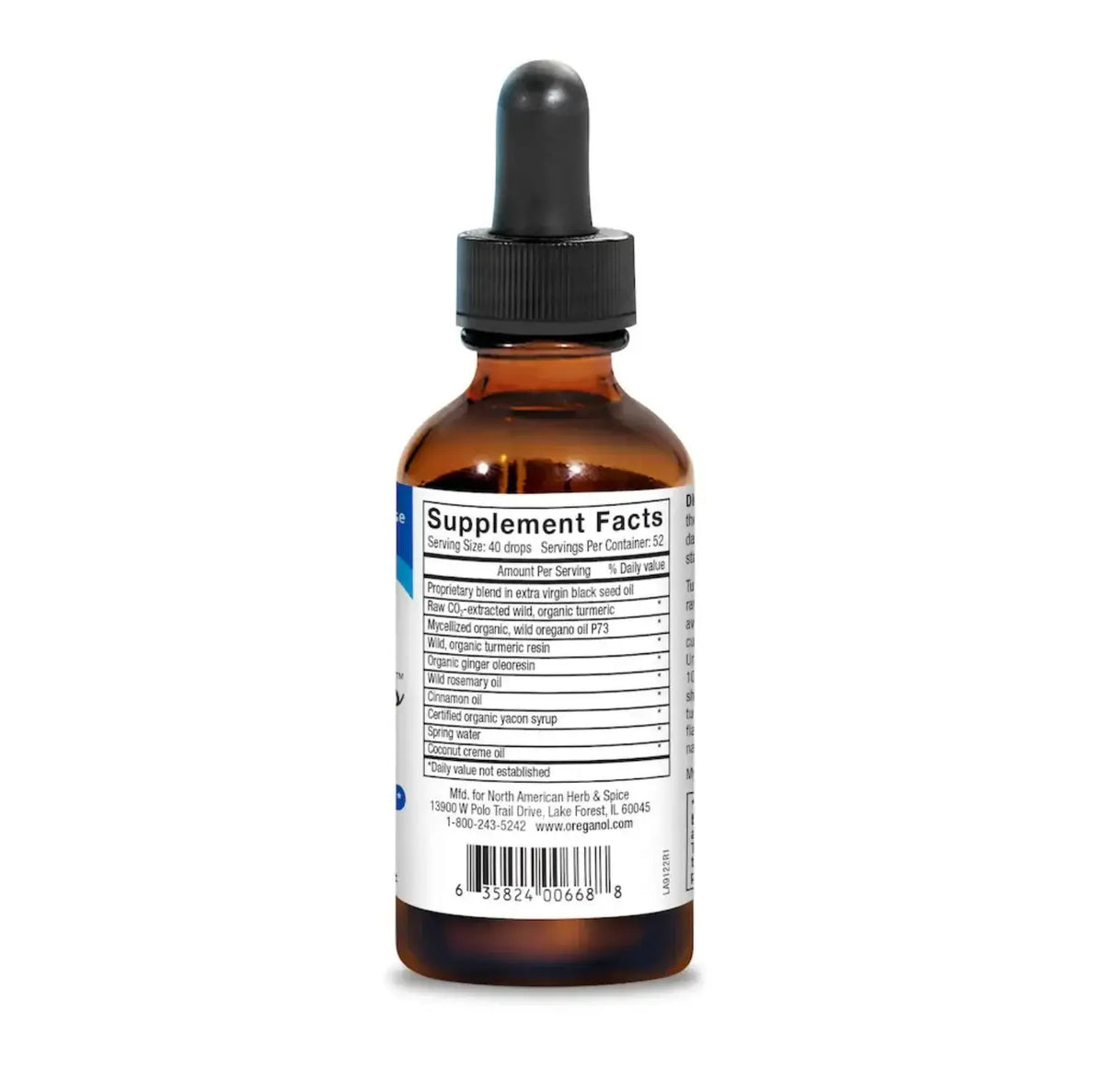 Supplement facts label for Turmeric Power-Plus featuring Wild Turmeric with Oreganol P73.
