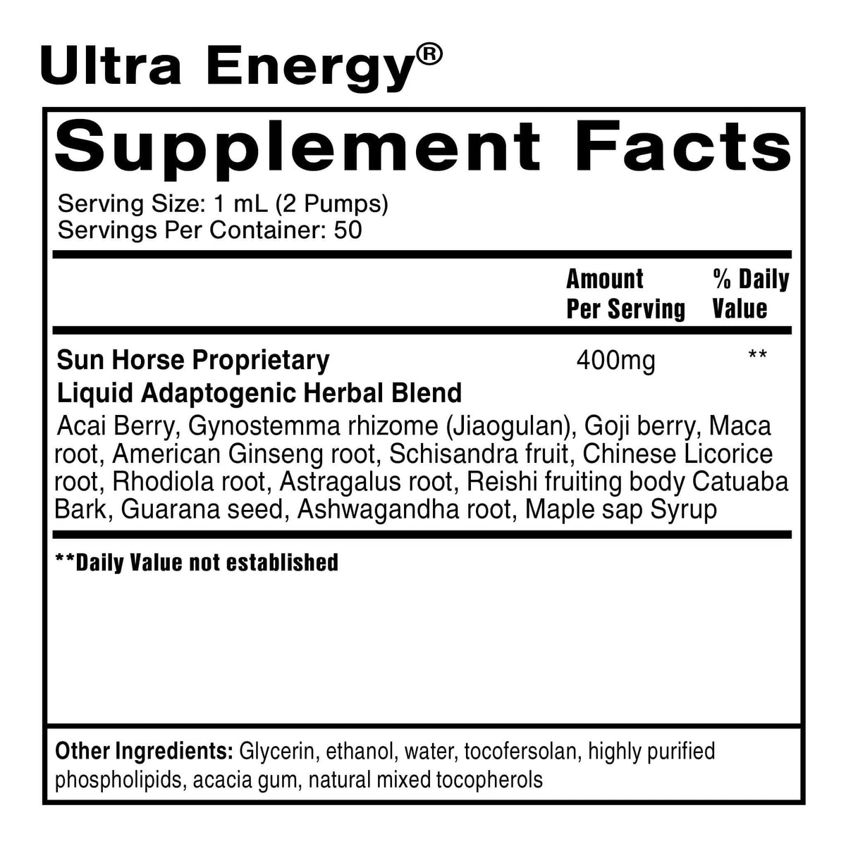 Supplement facts for Ultra Energy Adaptogenic Herbal Tincture, highlighting herbal blend and serving details.