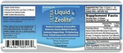 Bundle Ultra Liquid Zeolite product label with supplement facts and usage instructions, effective detox and immune support.