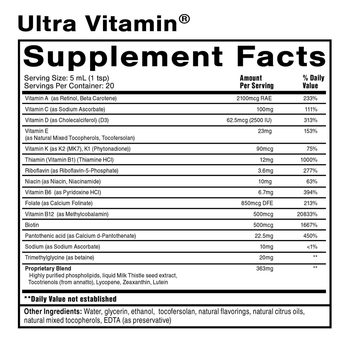 Supplement facts label for Ultra Vitamin with detailed ingredient information for Nanoemulsified Multivitamins.