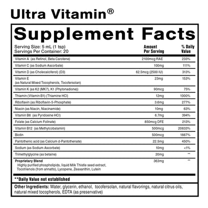 Supplement facts label for Ultra Vitamin with detailed ingredient information for Nanoemulsified Multivitamins.