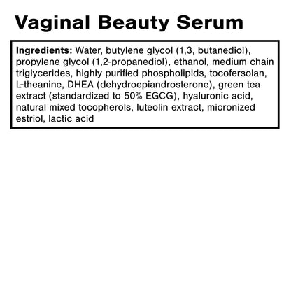 Vaginal Beauty Serum ingredients for hydration for menopause, including hyaluronic acid and DHEA.
