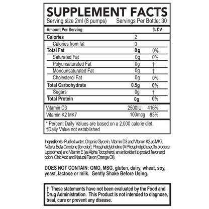 Supplement facts label for Vitamin D3 with K2 - Liposomal Liquid Blend, detailing nutritional information and serving size.