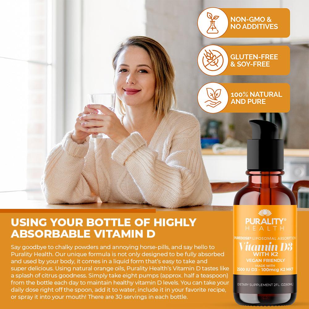 A woman holding a glass, promoting Vitamin D3 with K2 - Liposomal Liquid Blend from Purality Health for optimal absorption.