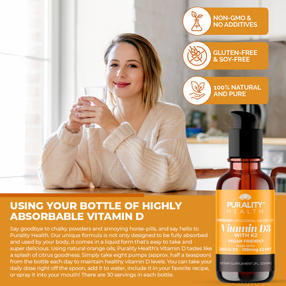 A woman holding a glass, promoting Vitamin D3 with K2 - Liposomal Liquid Blend from Purality Health for optimal absorption.