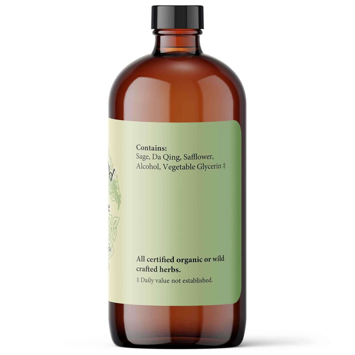 Bottle of Voice-Ease liquid herbs for voice stamina containing sage, Da Qing, safflower, alcohol, and vegetable glycerin.