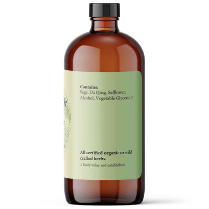 Bottle of Voice-Ease liquid herbs for voice stamina containing sage, Da Qing, safflower, alcohol, and vegetable glycerin.