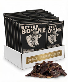 Pack of 30 - Wagyu Beef Jerky neatly displayed in a box with vibrant packaging and pieces of jerky in front.