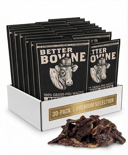Pack of 30 - Wagyu Beef Jerky neatly displayed in a box with vibrant packaging and pieces of jerky in front.