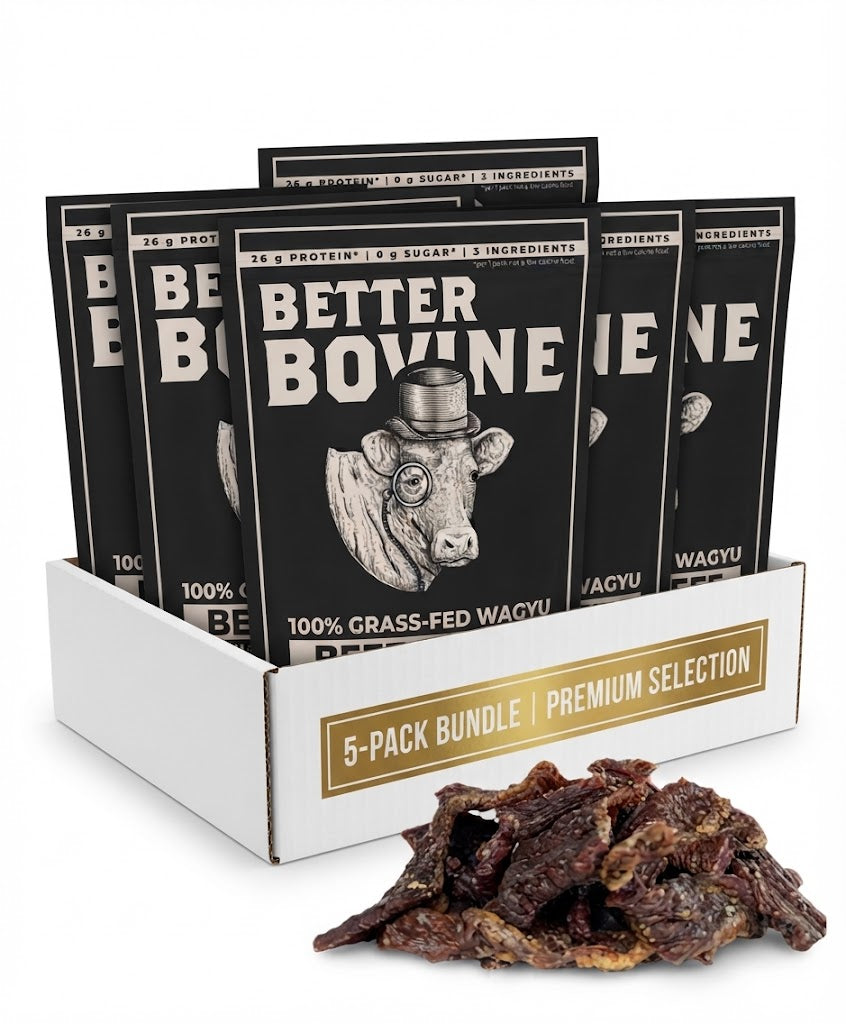 Pack of 5 - Wagyu Beef Jerky in a box with a tastefully designed label and premium jerky pieces.