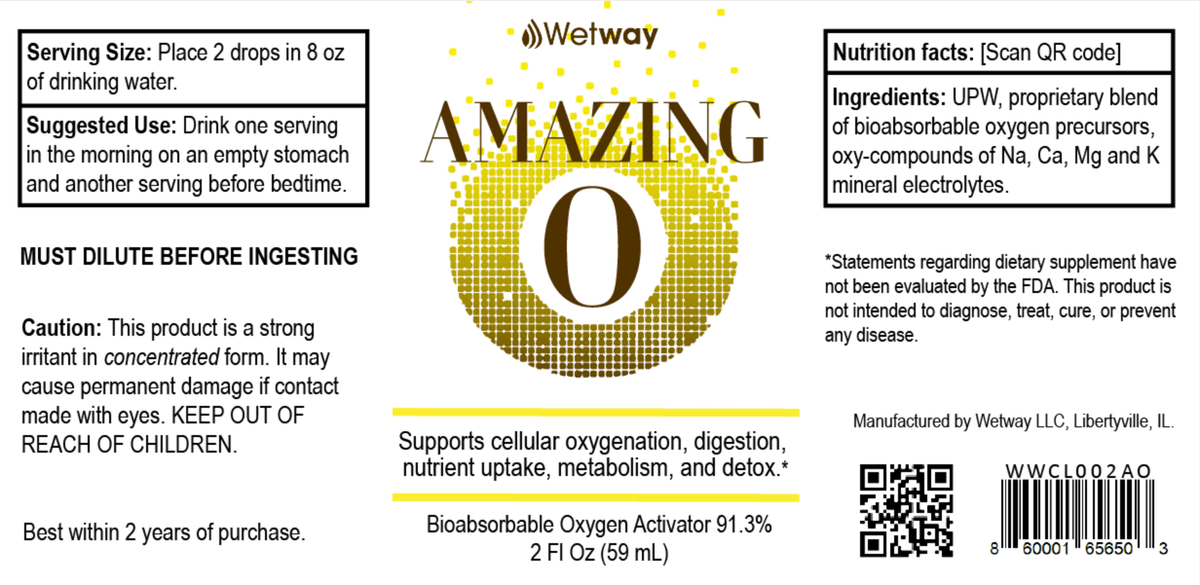 Amazing O product label showcasing Bioavailable Dissolved Oxygen for cellular oxygenation and detoxification.