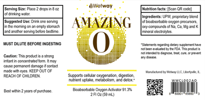 Amazing O product label showcasing Bioavailable Dissolved Oxygen for cellular oxygenation and detoxification.
